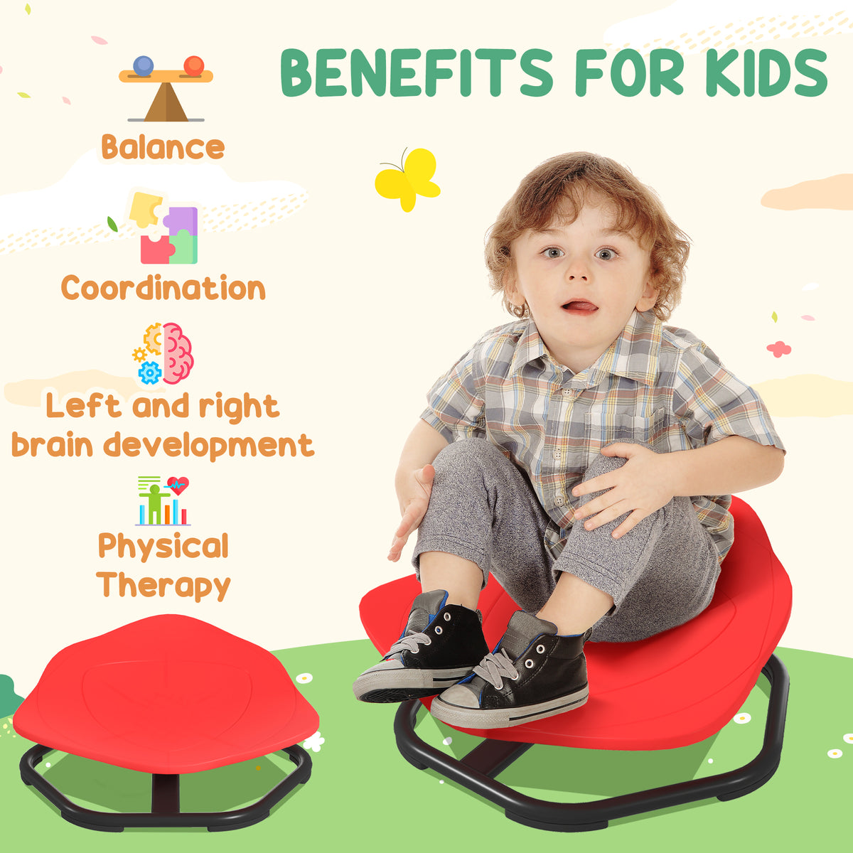 AIYAPLAY Kids Sit and Spin Sensory Chair with Multiple Spinning Modes and Non-Slip Base – Coordination & Balance, Red