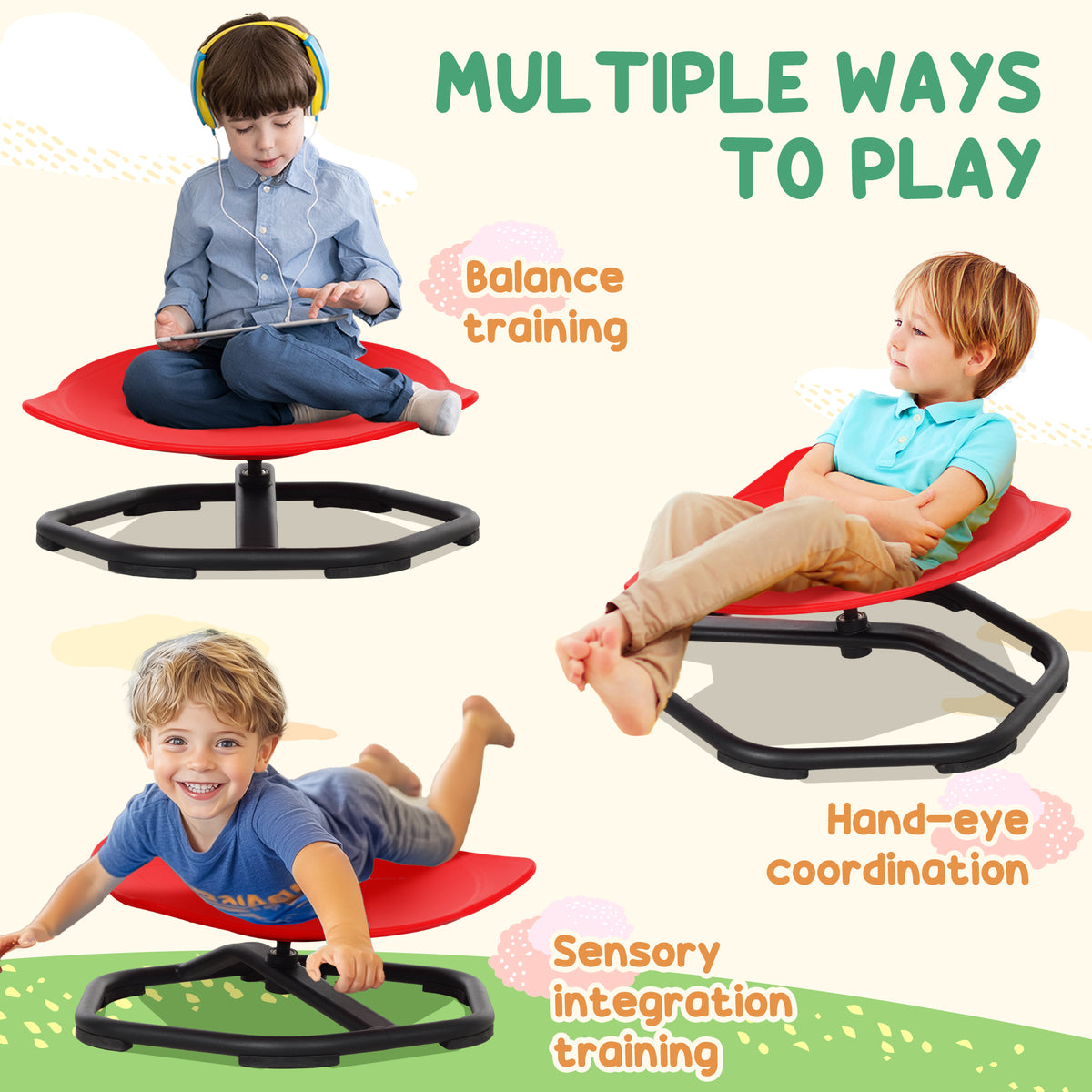 AIYAPLAY Kids Sit and Spin Sensory Chair with Multiple Spinning Modes and Non-Slip Base – Coordination & Balance, Red