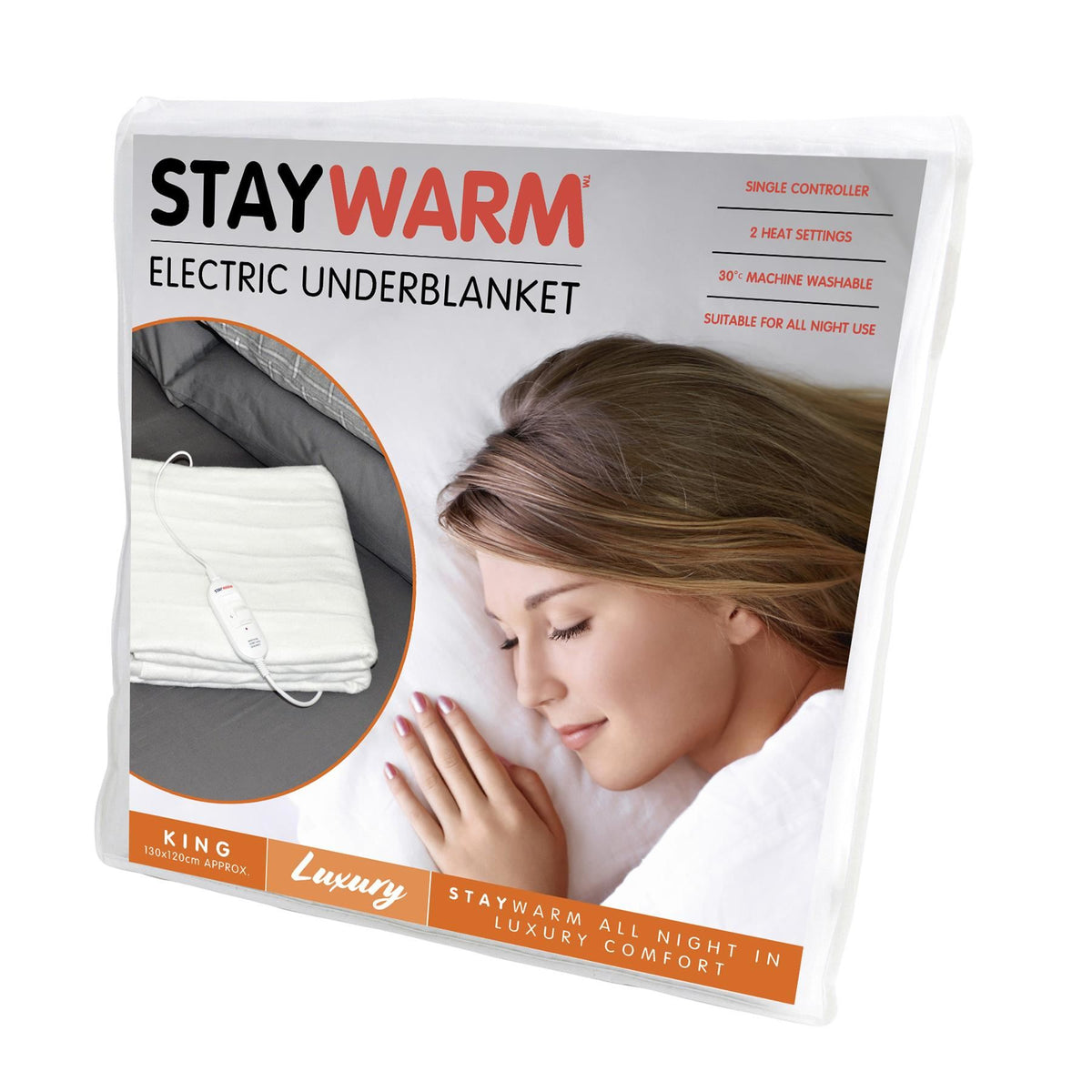 Staywarm King Size Electric Underblanket with Detachable Controller, 2 Heat Settings & Overheat Protection – 130 x 120cm
