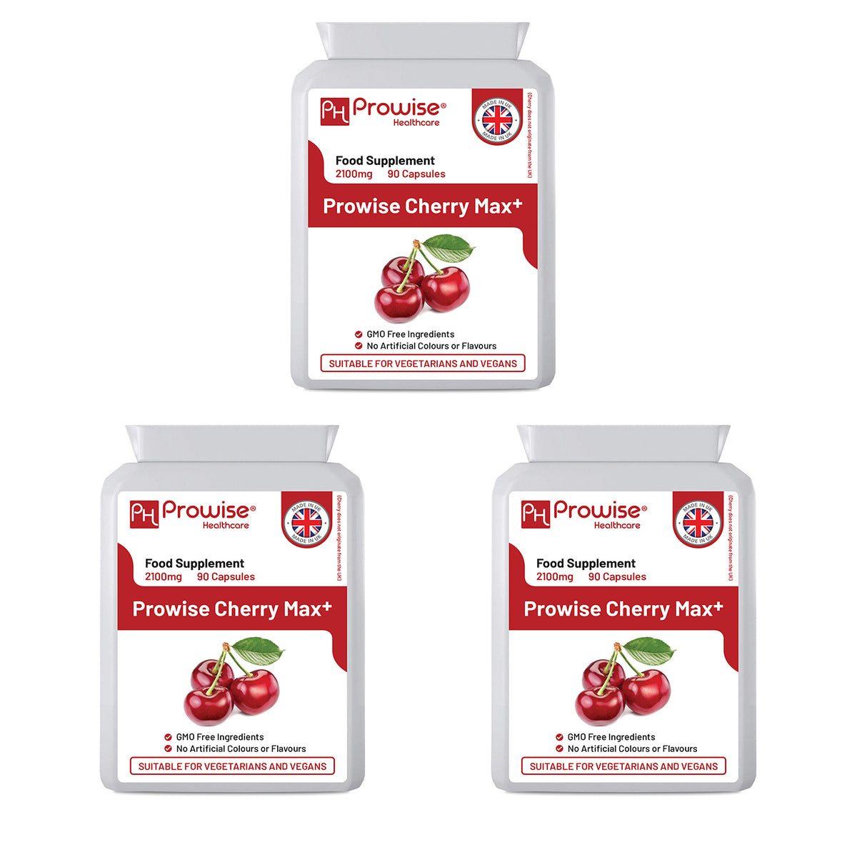 Prowise Cherry Max+ 2100mg Montmorency Cherry Capsules, Pack of 3 (90 Vegan Capsules) – High Strength, UK Made