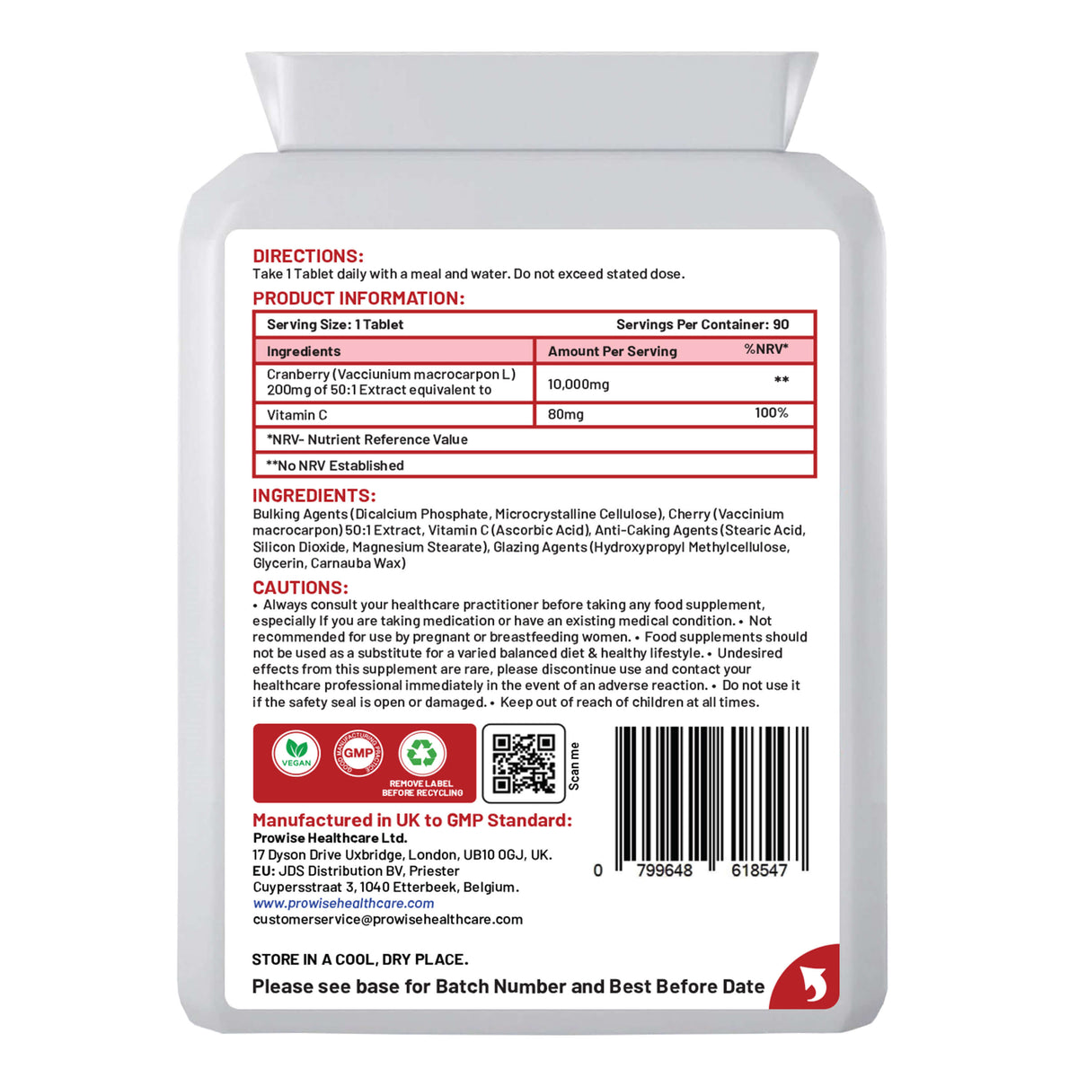 Prowise Cranberry 10,000mg with Vitamin C 80mg – 90 Vegan Tablets, Double Strength, No Added Sugar, Made in UK