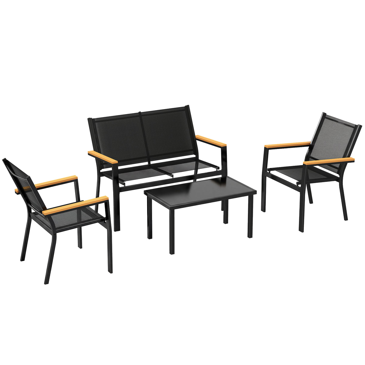 Outsunny 4 Seater Garden Sofa Set with Loveseat, 2 Armchairs and Glass Coffee Table, Black
