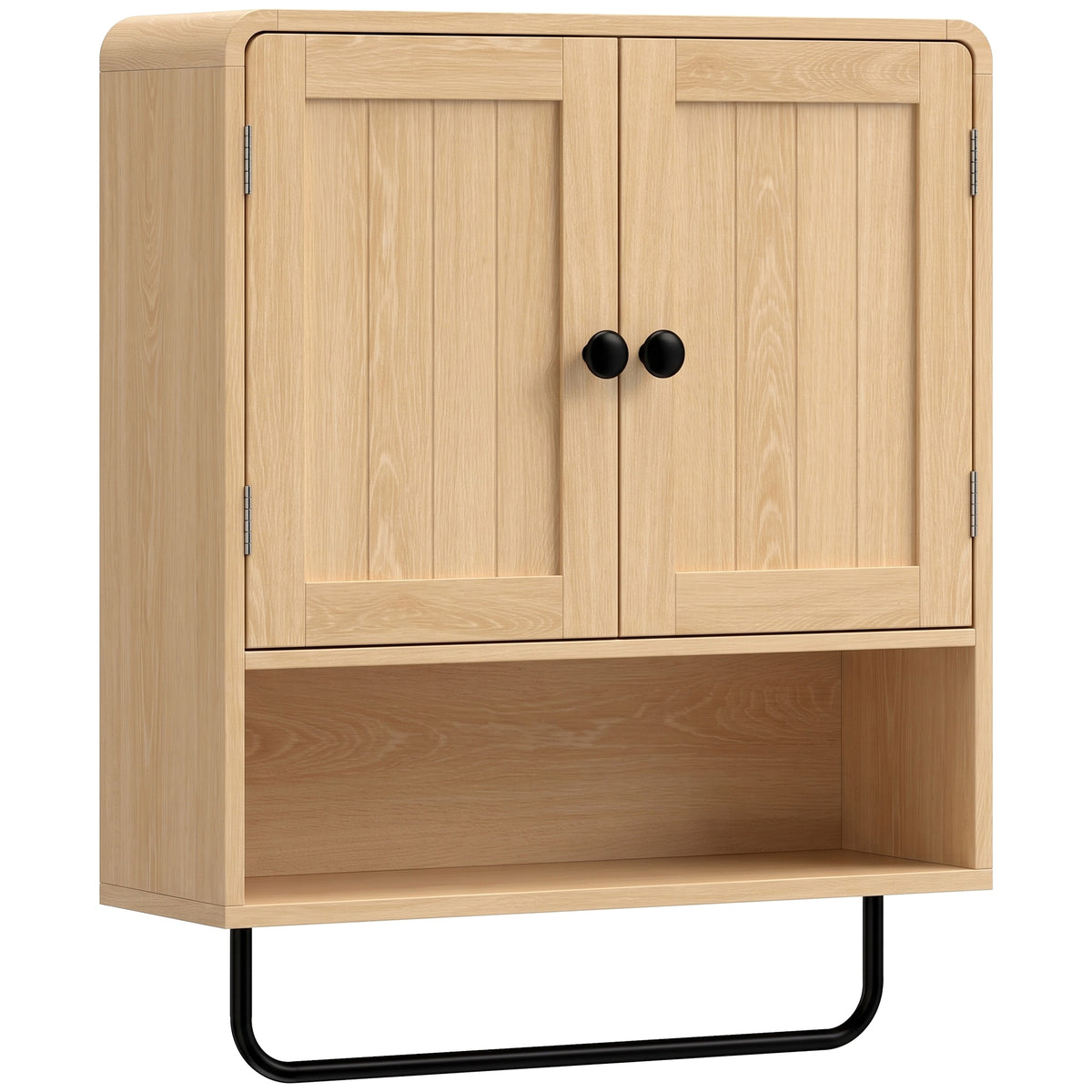 HOMCOM Wall-Mounted Bathroom Cabinet with 2 Doors, Open Shelf and Towel Rail – Bathroom Storage, Oak