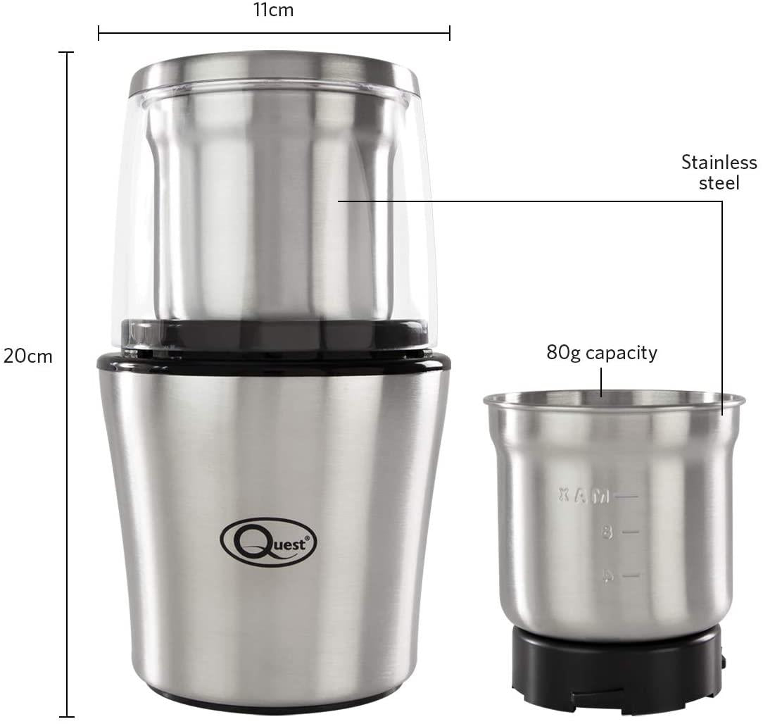 Quest Compact Electric Grinder with Stainless Steel Blades, 80g Capacity, 200W & 2 Grinder Cups – Wet & Dry Use