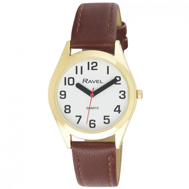 Ravel Men's Classic Watch with Super Bold Dial & Brown Faux Leather Strap – 36mm Gold Tone Case, R0125.45.1