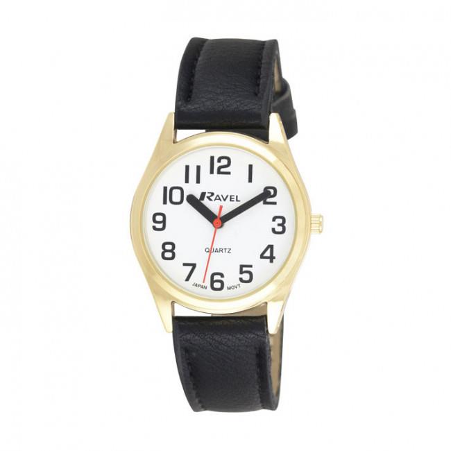 Ravel Women's Quartz Watch with Bold Clear Dial & Black Faux Leather Strap – Easy-Read Wristwatch, Black/Gold