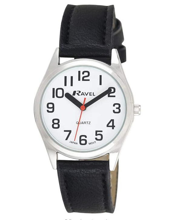 Ravel Women's Super Bold Easy-Read Watch, White Dial, Black Faux Leather Strap – R0125.01.2