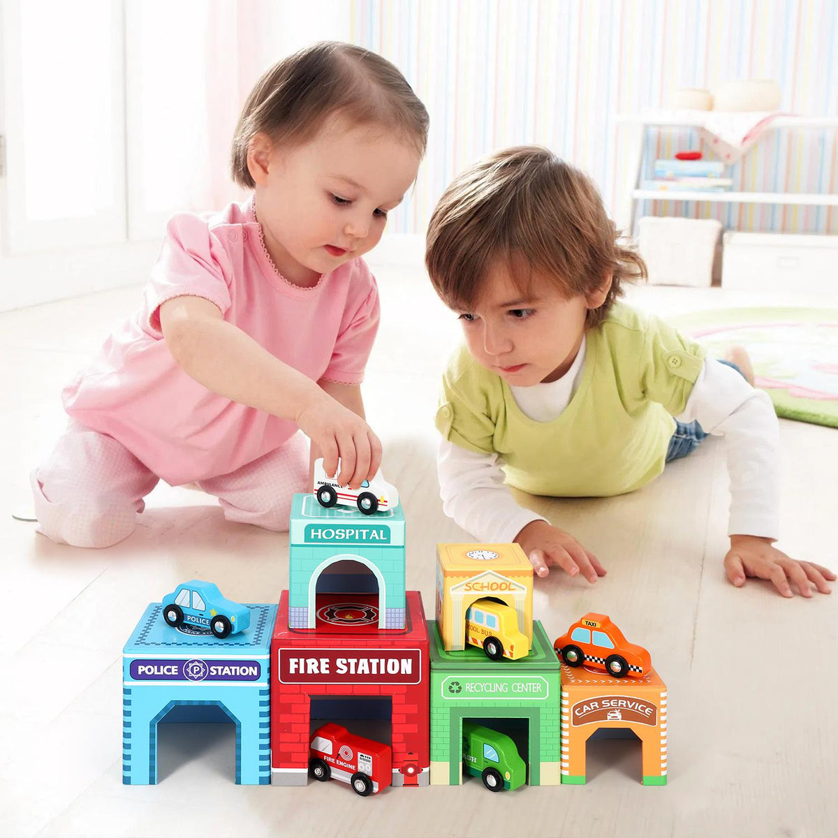 SOKA Stacking Cube Toy with 6 Vehicles – Stacker Tower for Emergency Cars and Role Play