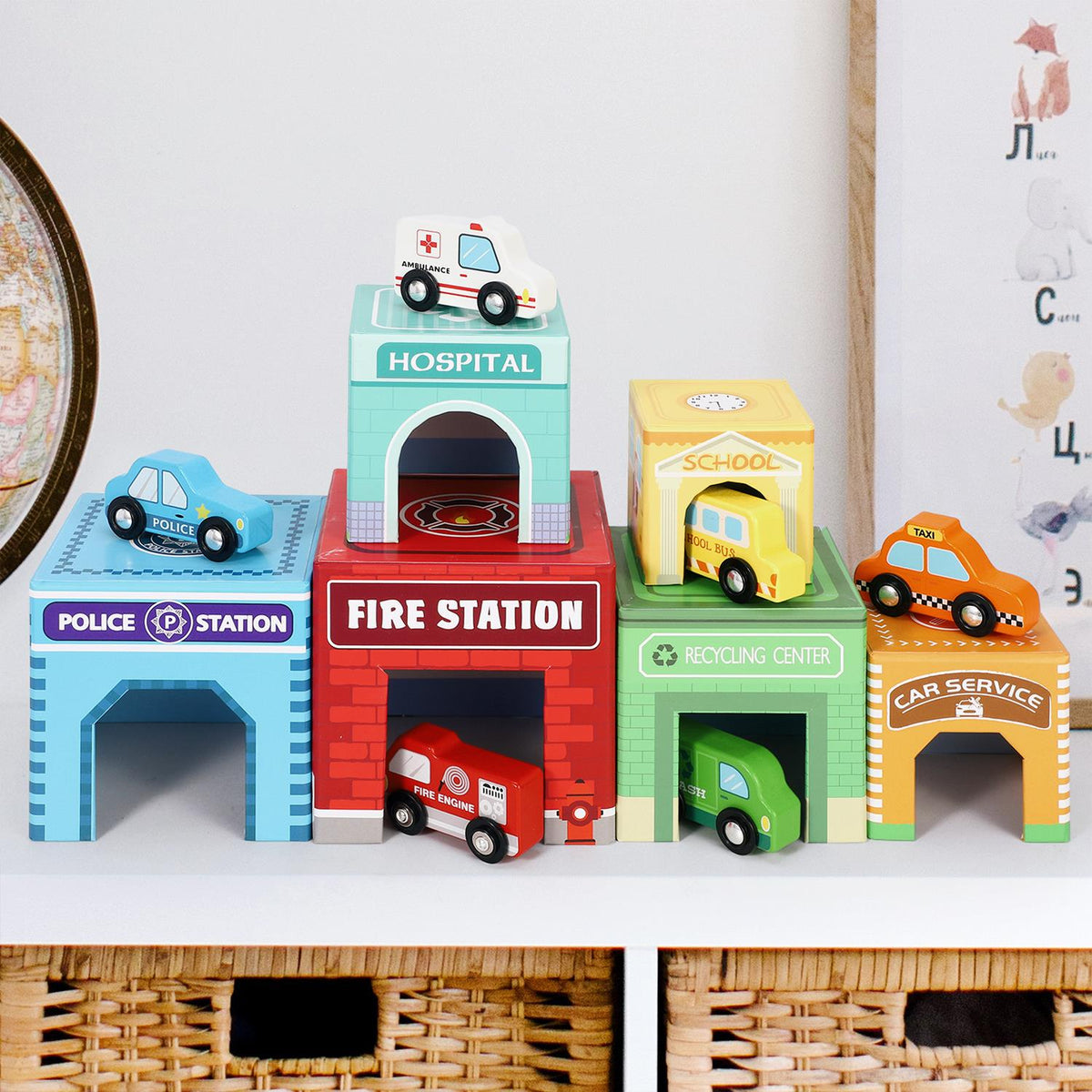 SOKA Stacking Cube Toy with 6 Vehicles – Stacker Tower for Emergency Cars and Role Play