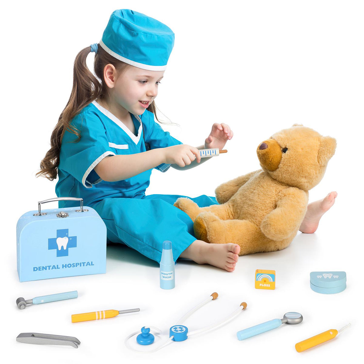 SOKA Wooden Dental Hospital Play Set with Toy Dental Tools – Pretend Play Dentist Clinic for Kids