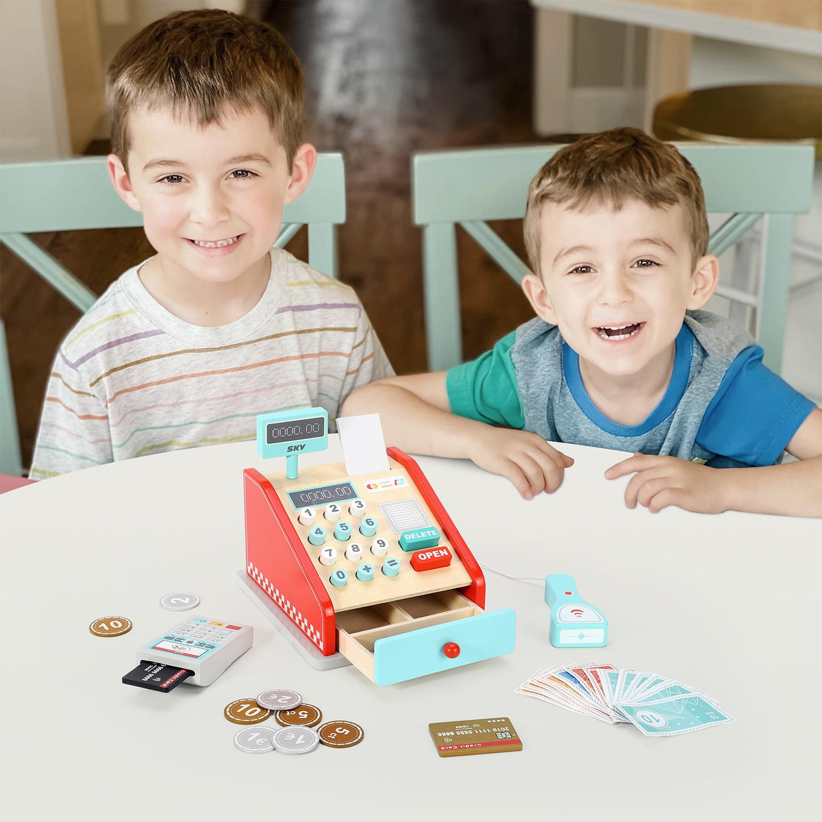SOKA Wooden Cash Register Play Set with Realistic Accessories – Pretend Shop Toy for Kids, Red & Mint