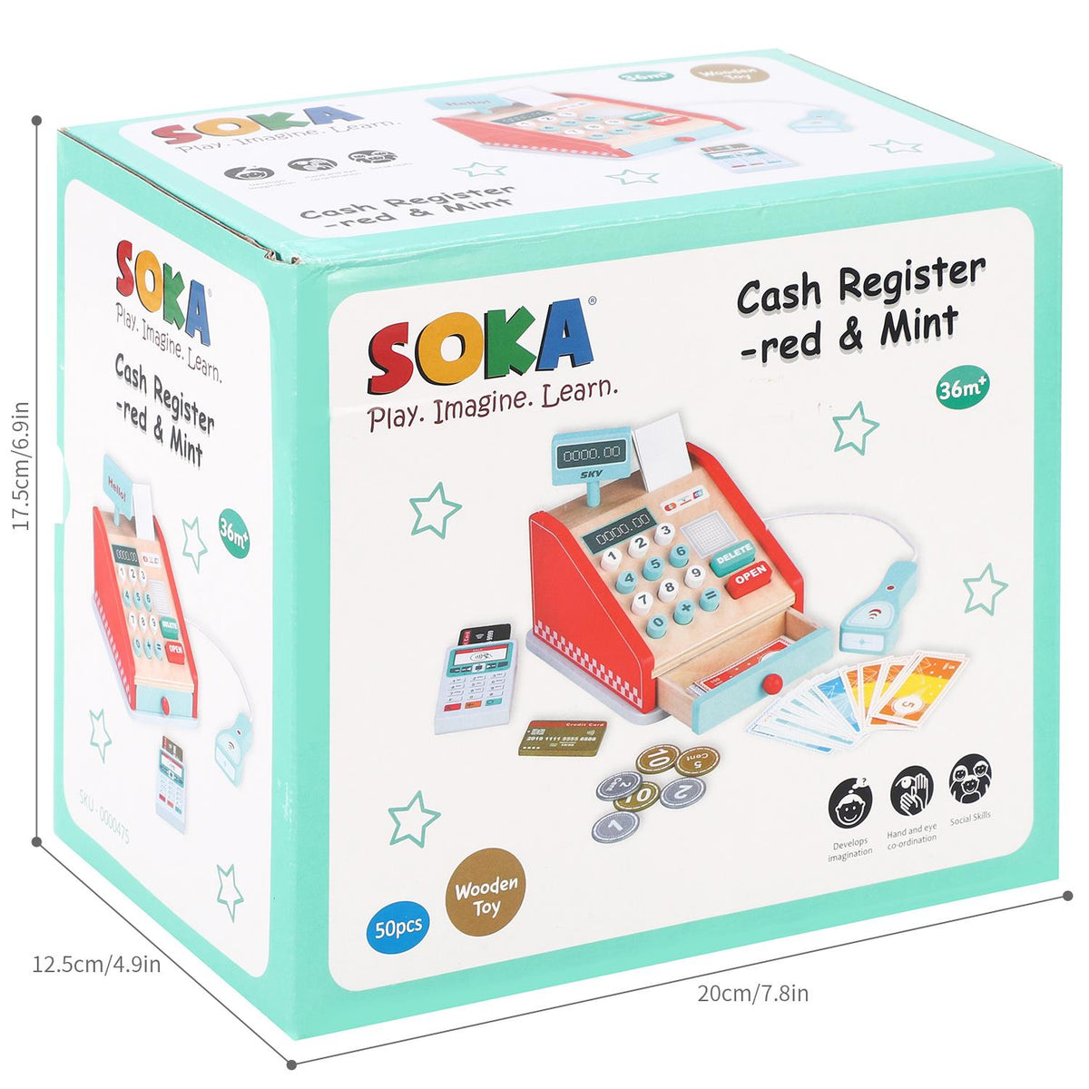 SOKA Wooden Cash Register Play Set with Realistic Accessories – Pretend Shop Toy for Kids, Red & Mint
