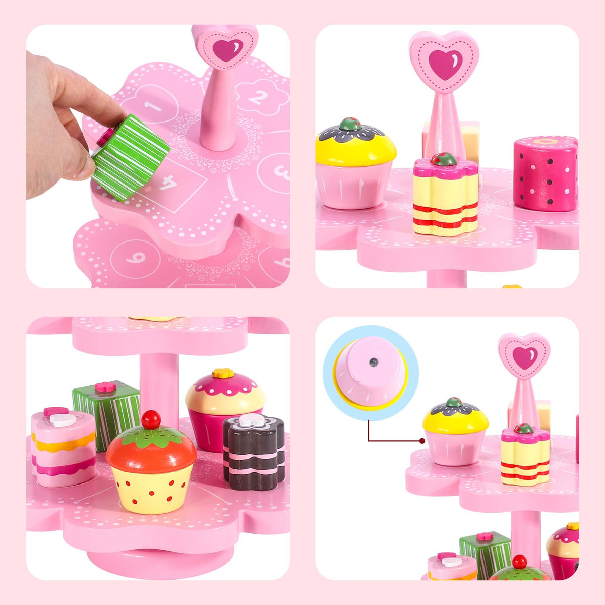 SOKA Wooden Magnetic Cake Stand Play Set, Heart Design – Pretend Afternoon Tea Toy for Kids