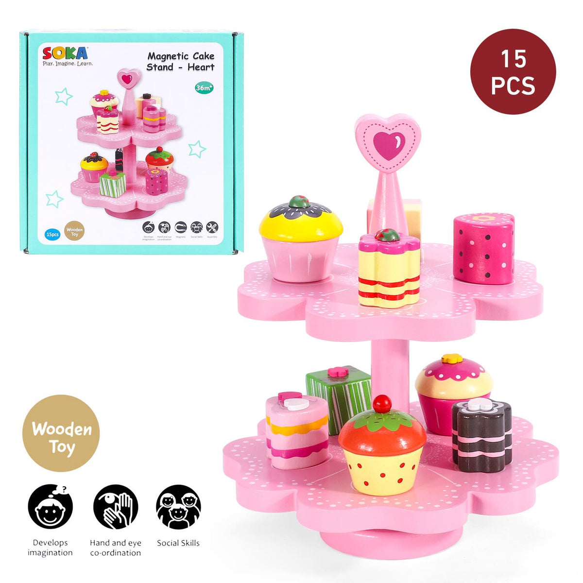 SOKA Wooden Magnetic Cake Stand Play Set, Heart Design – Pretend Afternoon Tea Toy for Kids