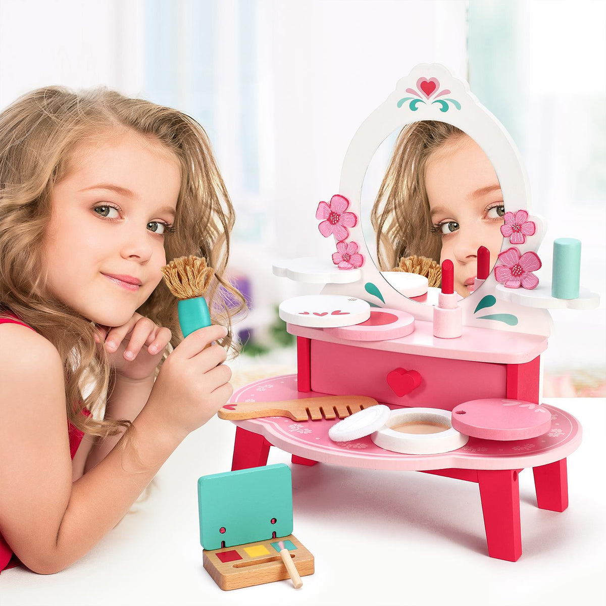 SOKA Wooden Dressing Table Top with Beauty Set – Kids Role Play Make-Up Toy