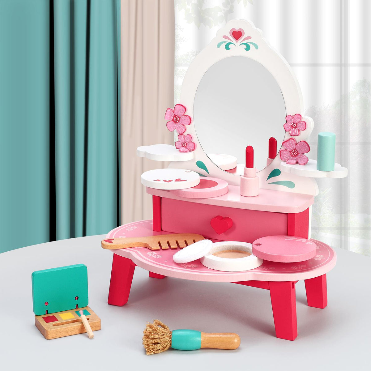 SOKA Wooden Dressing Table Top with Beauty Set – Kids Role Play Make-Up Toy