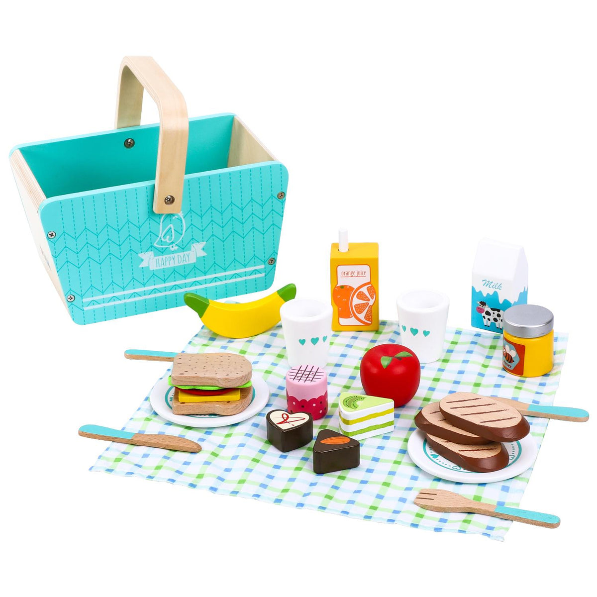 SOKA Happy Day Wooden Picnic Basket Play Set with Blanket – Kids Pretend Play Food Toy