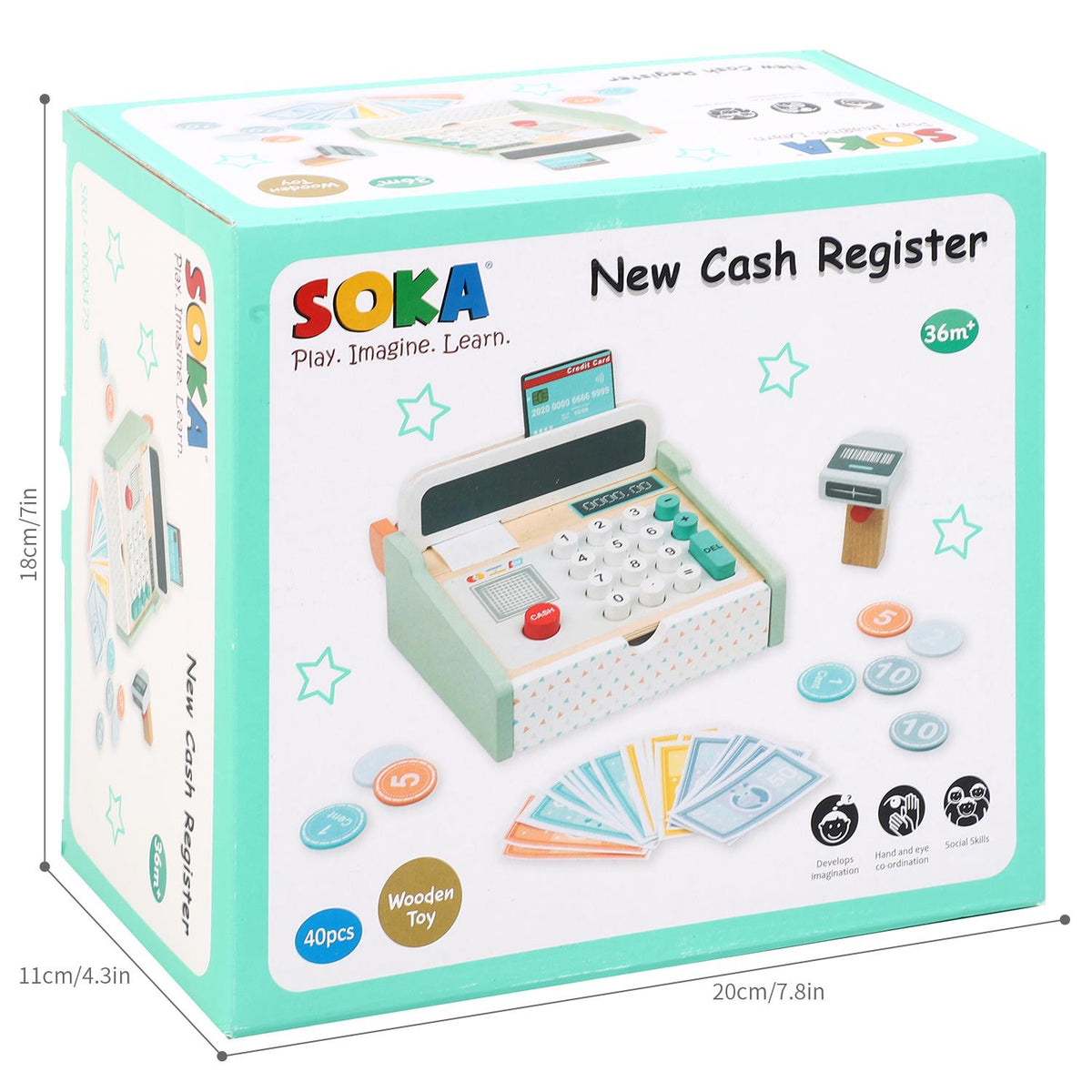 SOKA Wooden Cash Register Toy with Realistic Accessories – Kids Pretend Shop Role Play Set