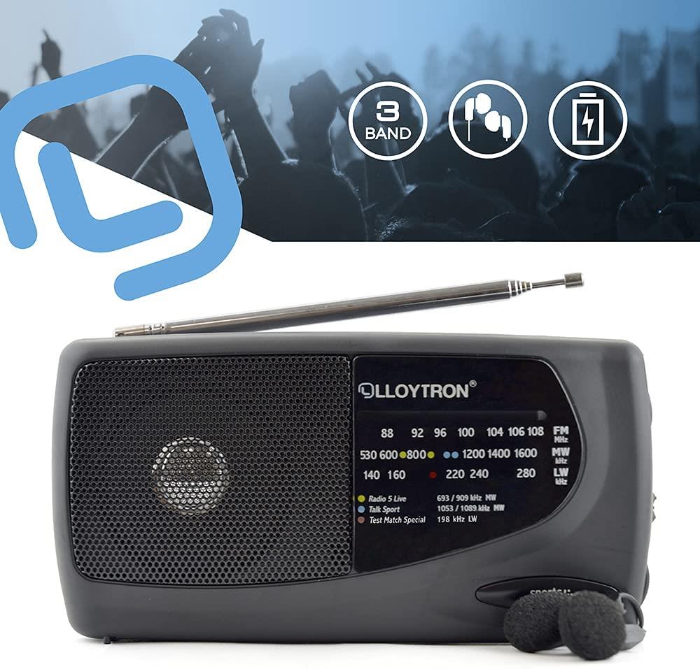 Lloytron 3 Band Sports Personal Radio with Earphones – MW/FM/LW, Telescopic Antenna, Black