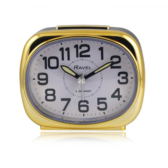 Ravel Small Pillow-Shaped Quartz Bedside Alarm Clock with Chrome Edging, Black and Gold
