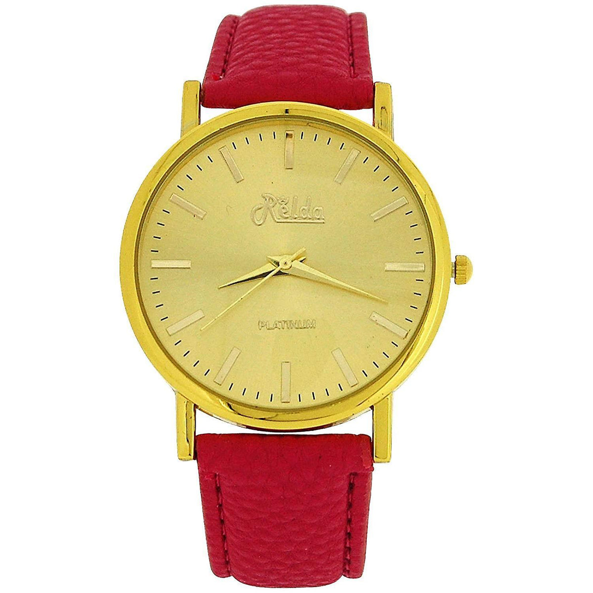 Relda Women's Analogue Watch with Jumbo Gold Tone Dial and Pink PU Strap – Quartz Everyday Wristwatch REL61