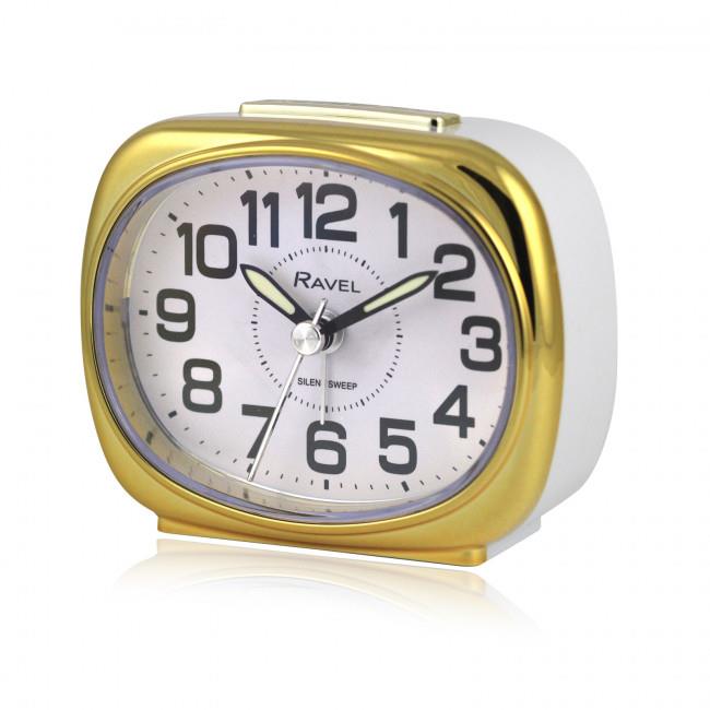 Ravel Small Pillow-Shaped Quartz Bedside Alarm Clock with Chrome Edging, White and Gold