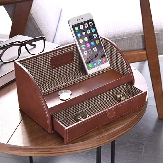 Jacob Jones Charging Valet with Checker-Lined Drawer & Phone Charging Station – Tidy Storage, Tan