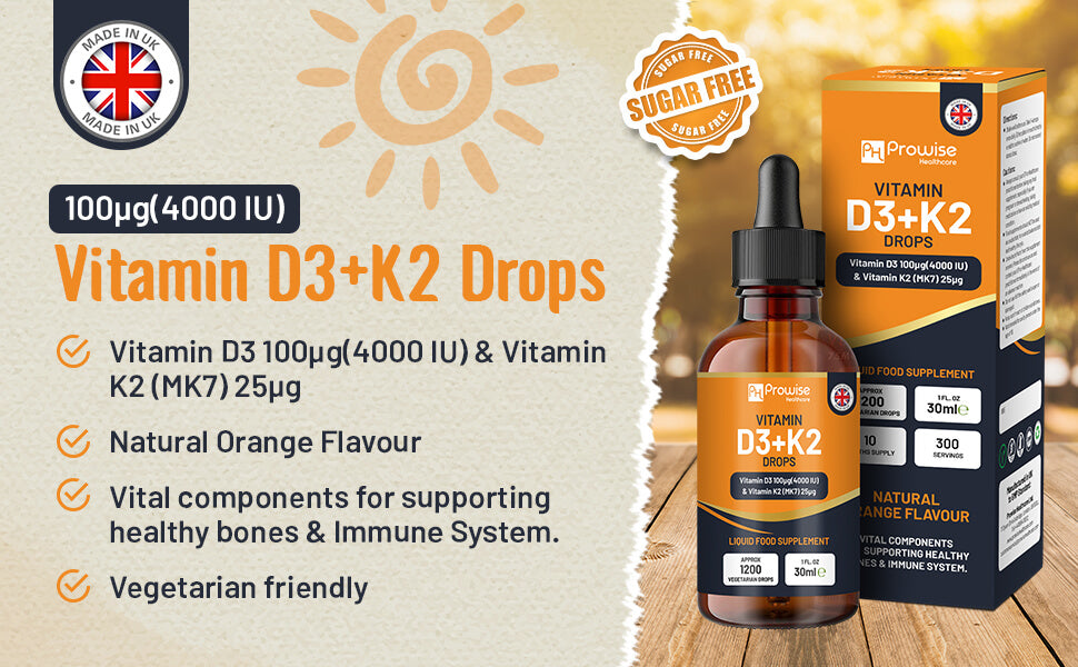 Vitamin D3 4000iu + K2 MK7 25µg Orange Liquid Drops – High Strength 30ml Bottle, 300 Servings
