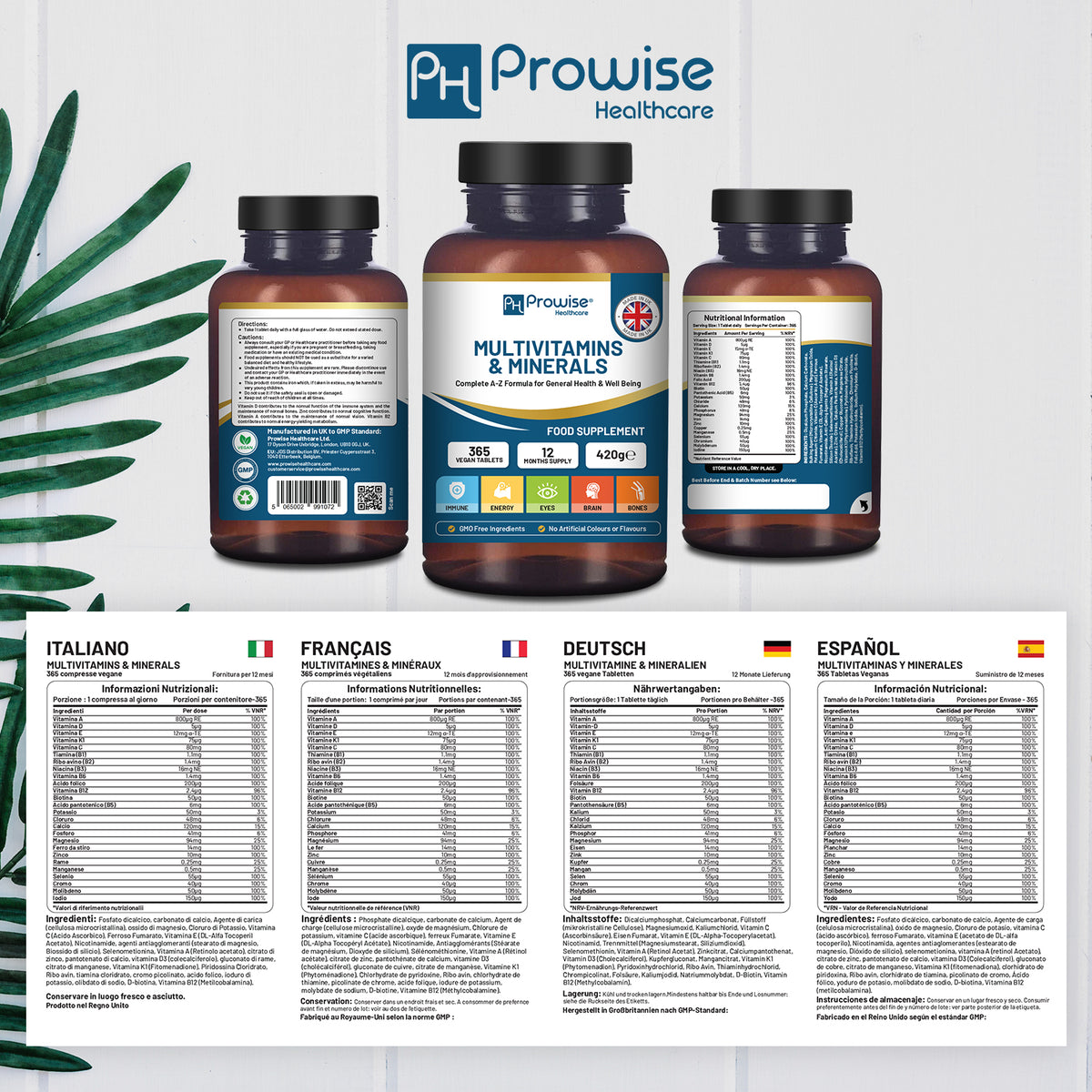 Prowise A-Z Multivitamins & Minerals – 365 Vegan Tablets with 26 Active Vitamins & Minerals, 12-Month Supply