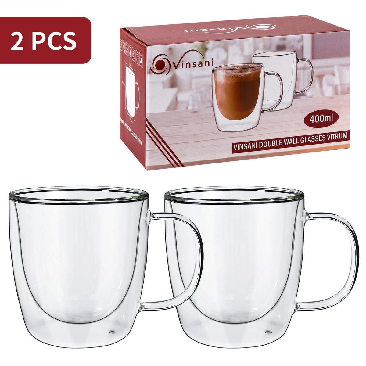 VINSANI VITRUM Double Wall Glasses, Set of 2 Borosilicate Glass Cups for Hot & Cold Drinks – Clear