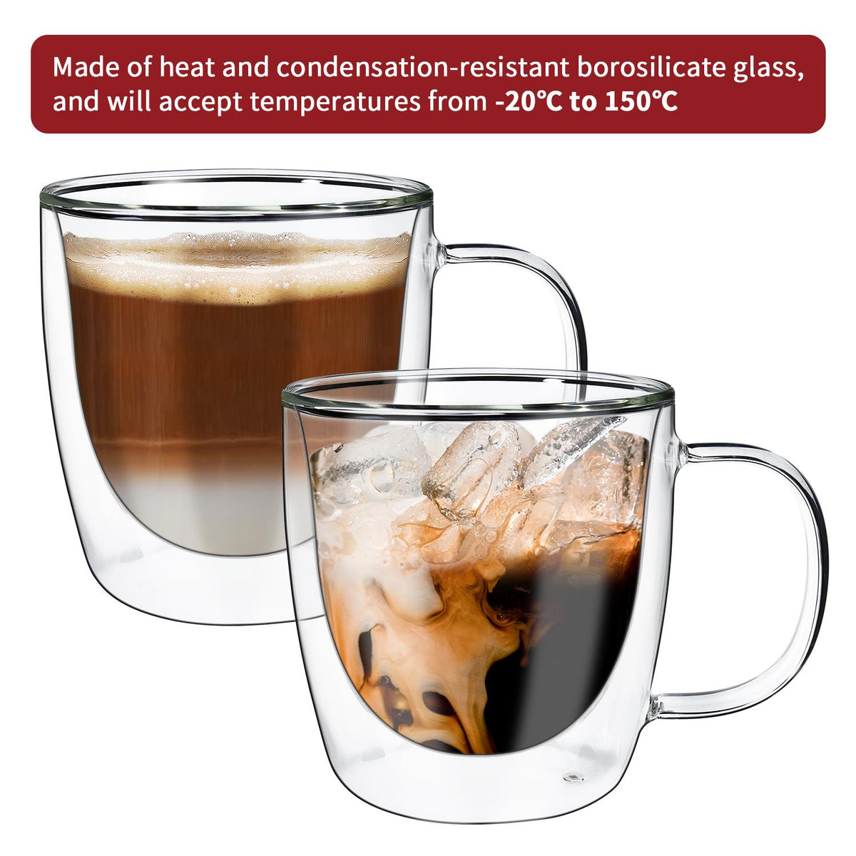 VINSANI VITRUM Double Wall Glasses, Set of 2 Borosilicate Glass Cups for Hot & Cold Drinks – Clear