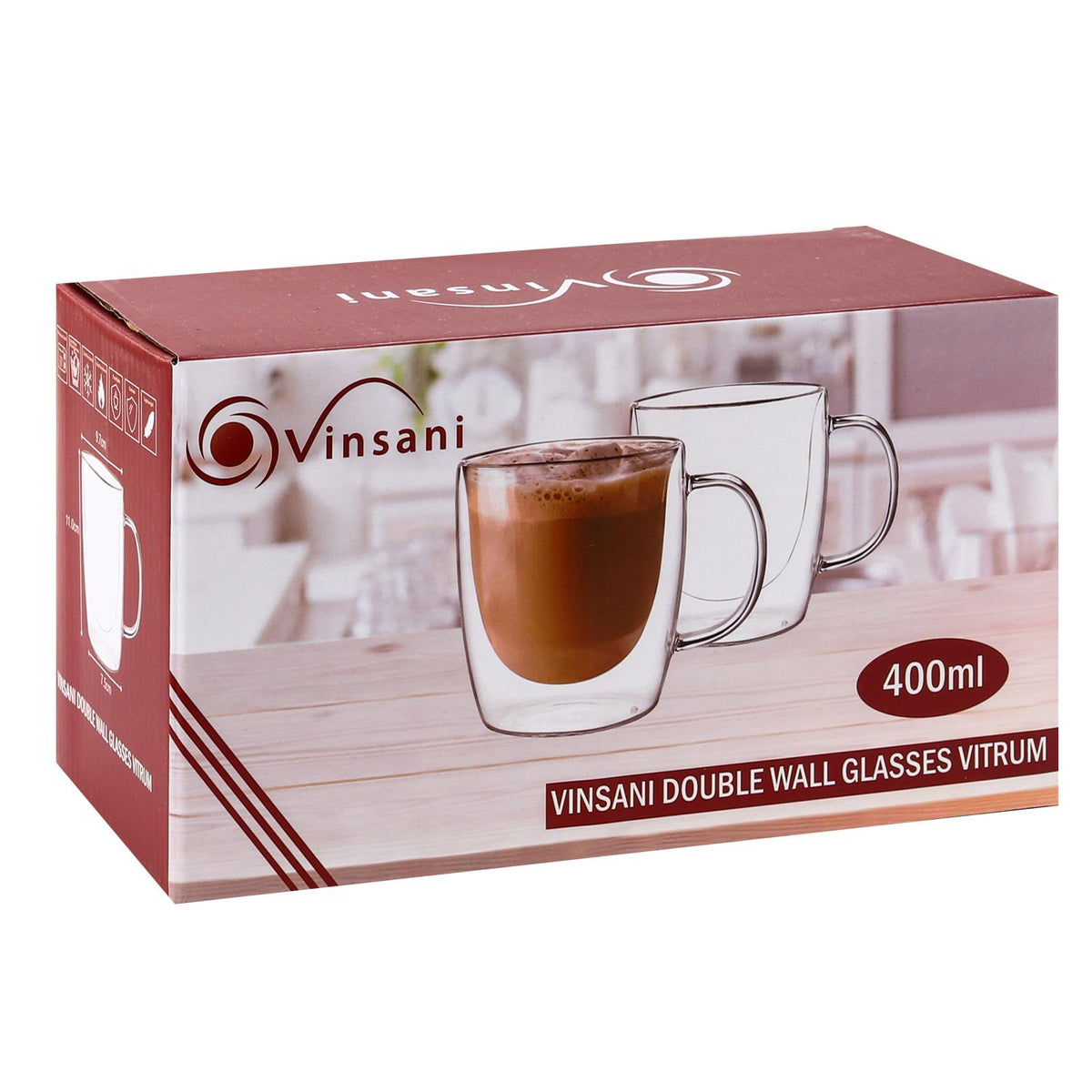 VINSANI VITRUM Double Wall Glasses, Set of 2 Borosilicate Glass Cups for Hot & Cold Drinks – Clear