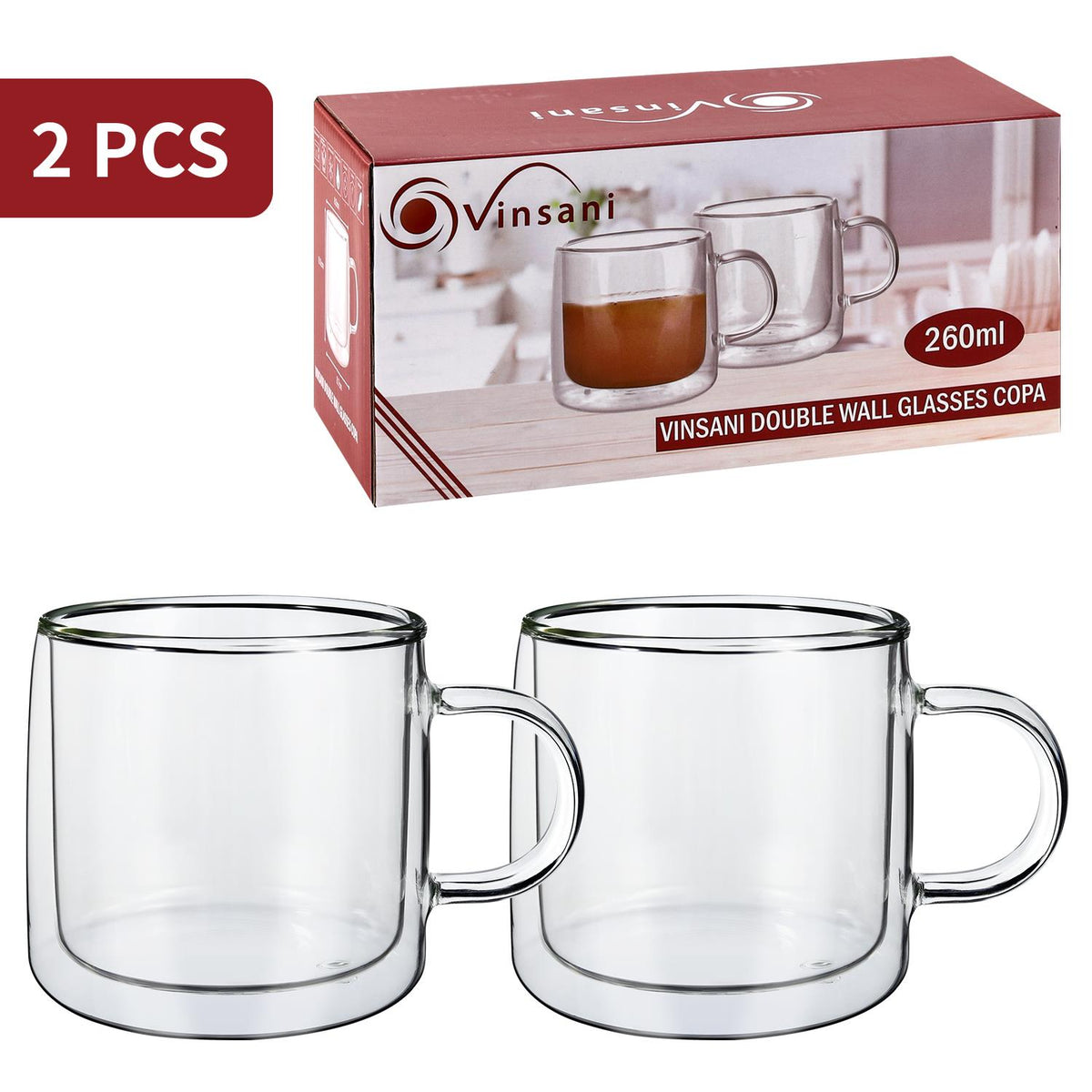 VINSANI COPA Double Wall Glasses, Set of 2 Borosilicate Glass Cups for Hot & Cold Drinks – Clear