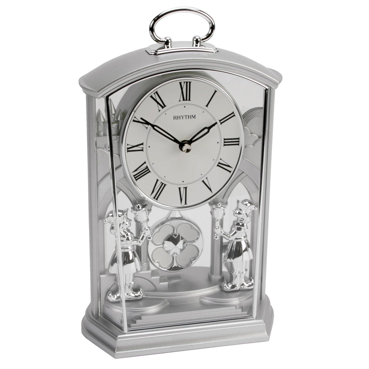 Rhythm Silver Mantel Clock with Swinging Pendulum & Two Footmen – Ornate Two-Tone Decorative Clock