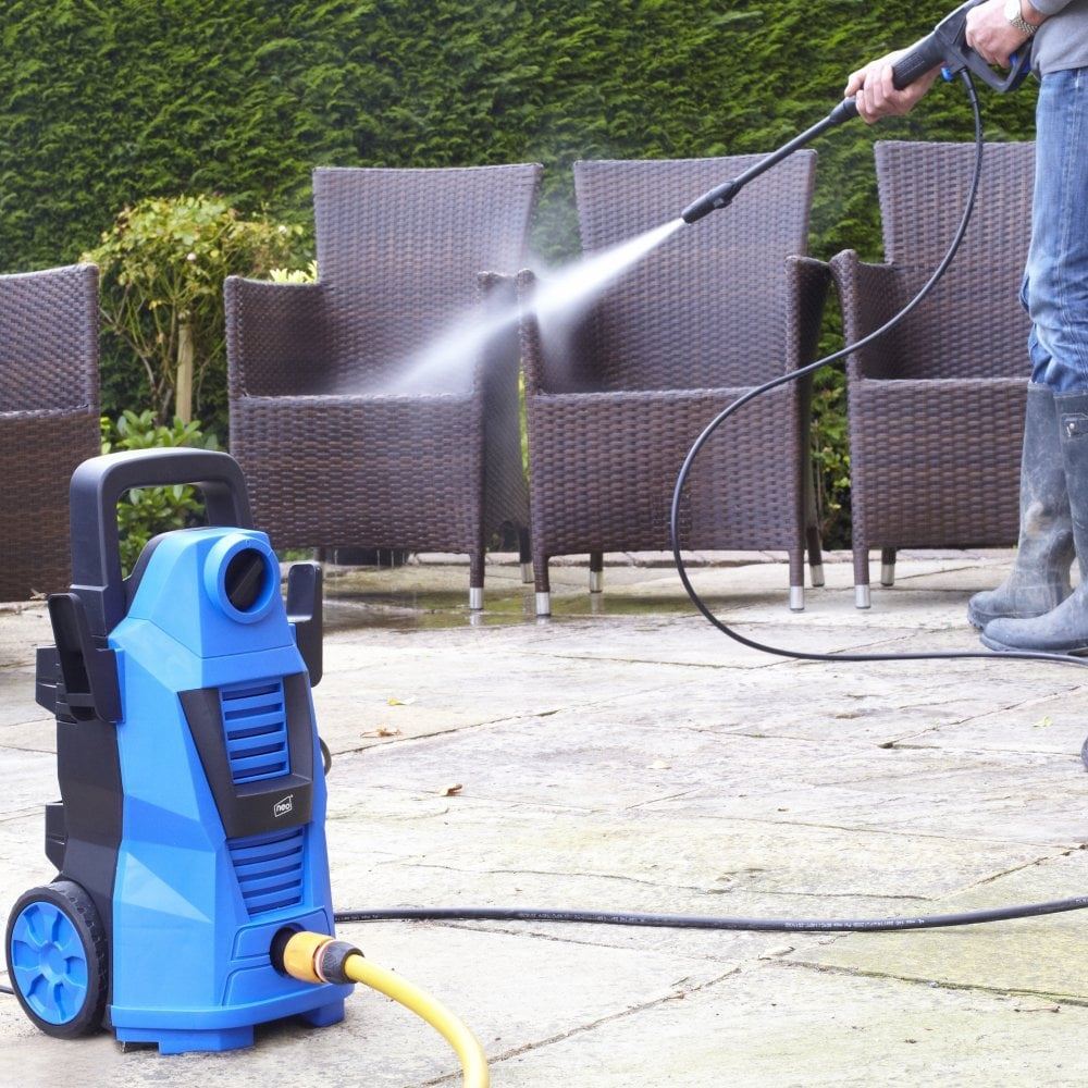 Neo Electric High Pressure Washer, 110 Bar 1400W with Adjustable Nozzle Gun & Foam Tank – Powerful Outdoor Cleaner