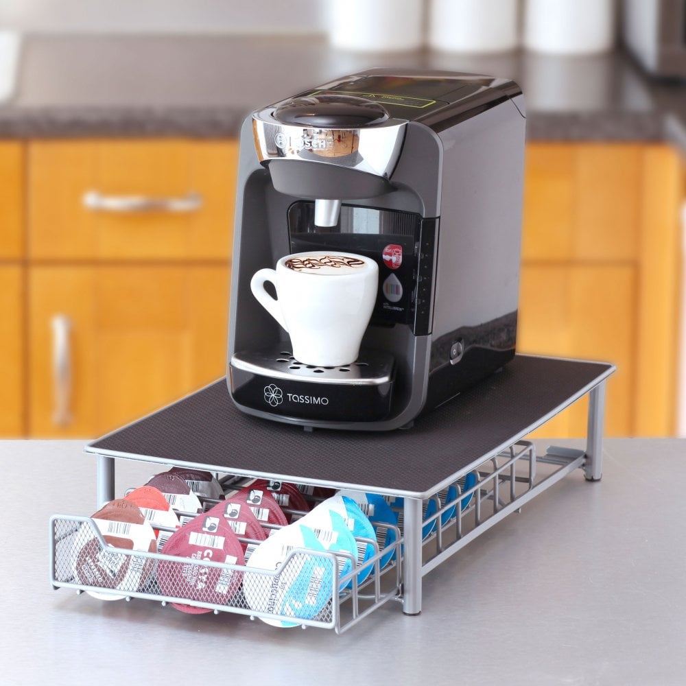 Tassimo Coffee Capsule Storage Stand with Pull-Out Drawer for 60 Pods & Non-Slip Mat – Metal Machine Stand