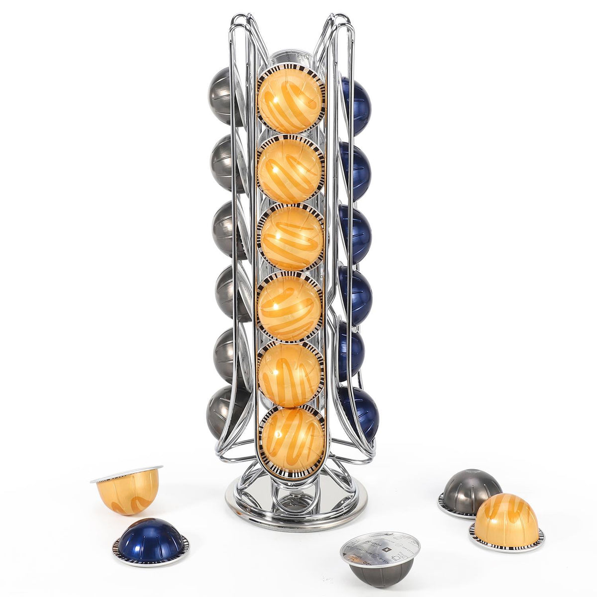 Vinsani 24 Pod Rotating Coffee Capsule Holder for Vertuo with Non-Slip Surface – Space-Saving Swivel Stand, Chrome