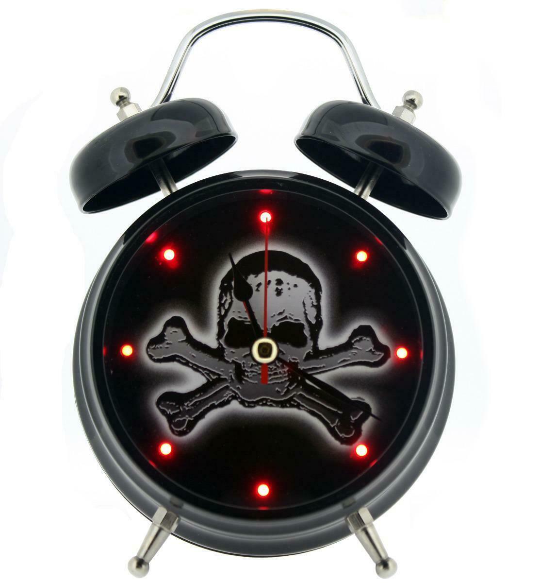 GTP Unisex Quartz Alarm Clock with Double Bell, Skull and Crossbone Dial and Flashing Red Light