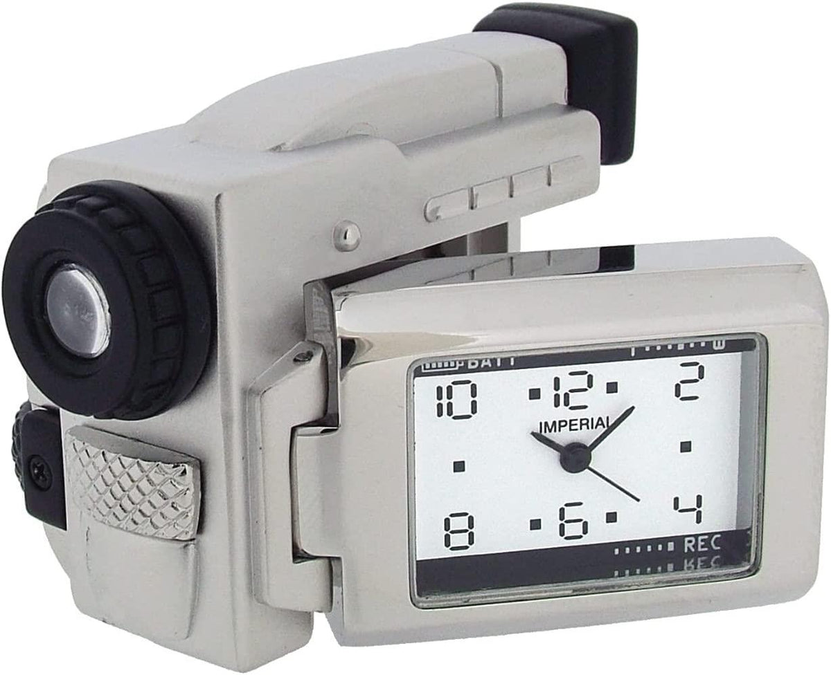 Miniature Novelty Clock with Silver Plated Metal Video Camera – Solid Brass Collectable Desk Clock