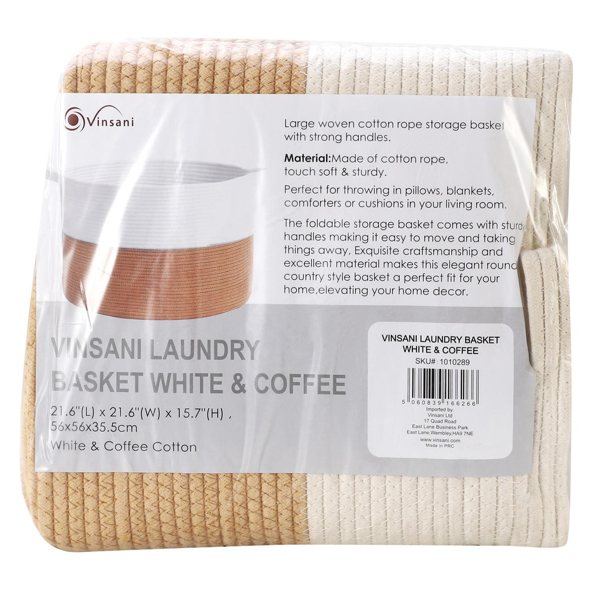 Vinsani Hand-Woven Cotton Rope Laundry Basket, 56 x 35.5cm – Foldable Storage Hamper with Handles