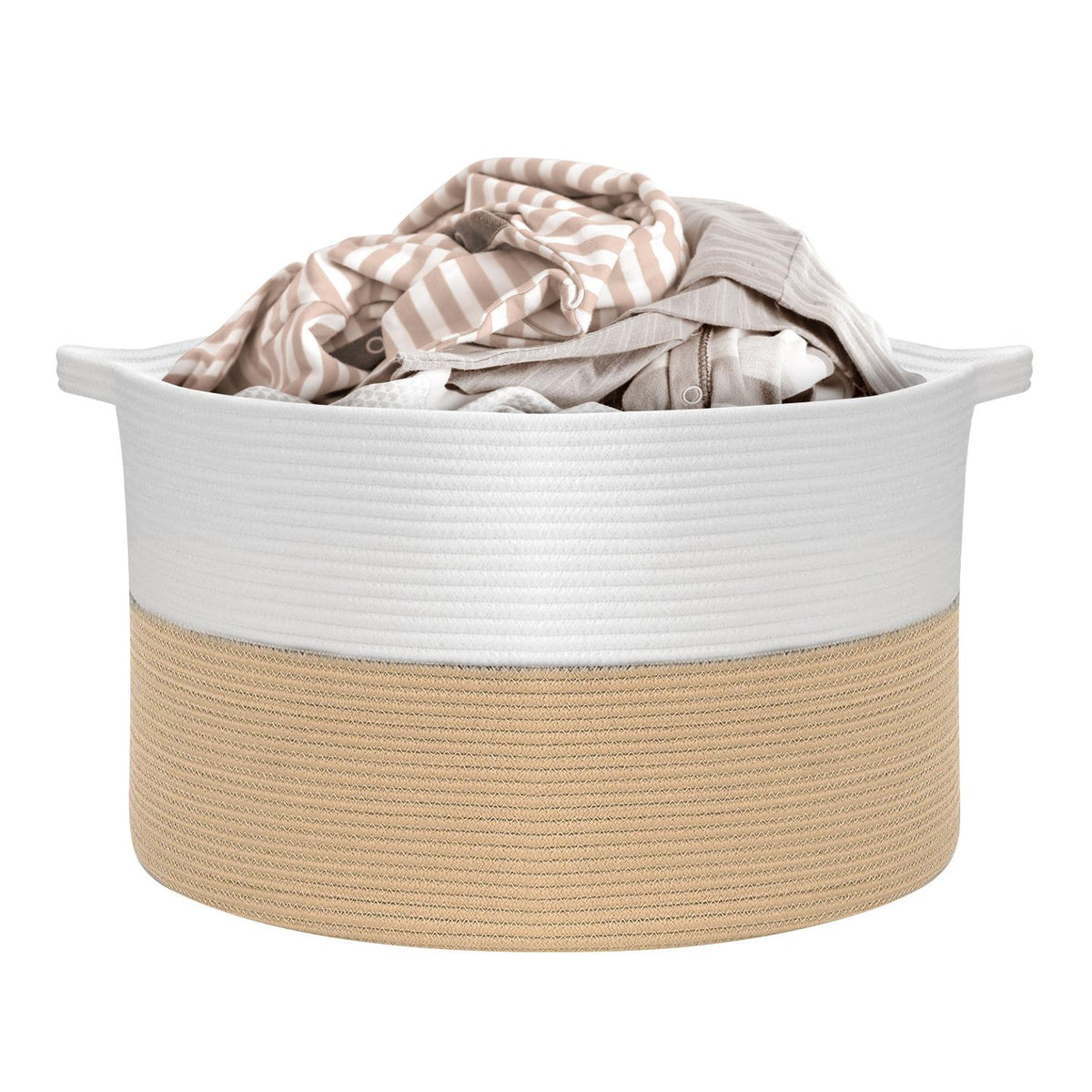 Vinsani Hand-Woven Cotton Rope Laundry Basket, 56 x 35.5cm – Foldable Storage Hamper with Handles