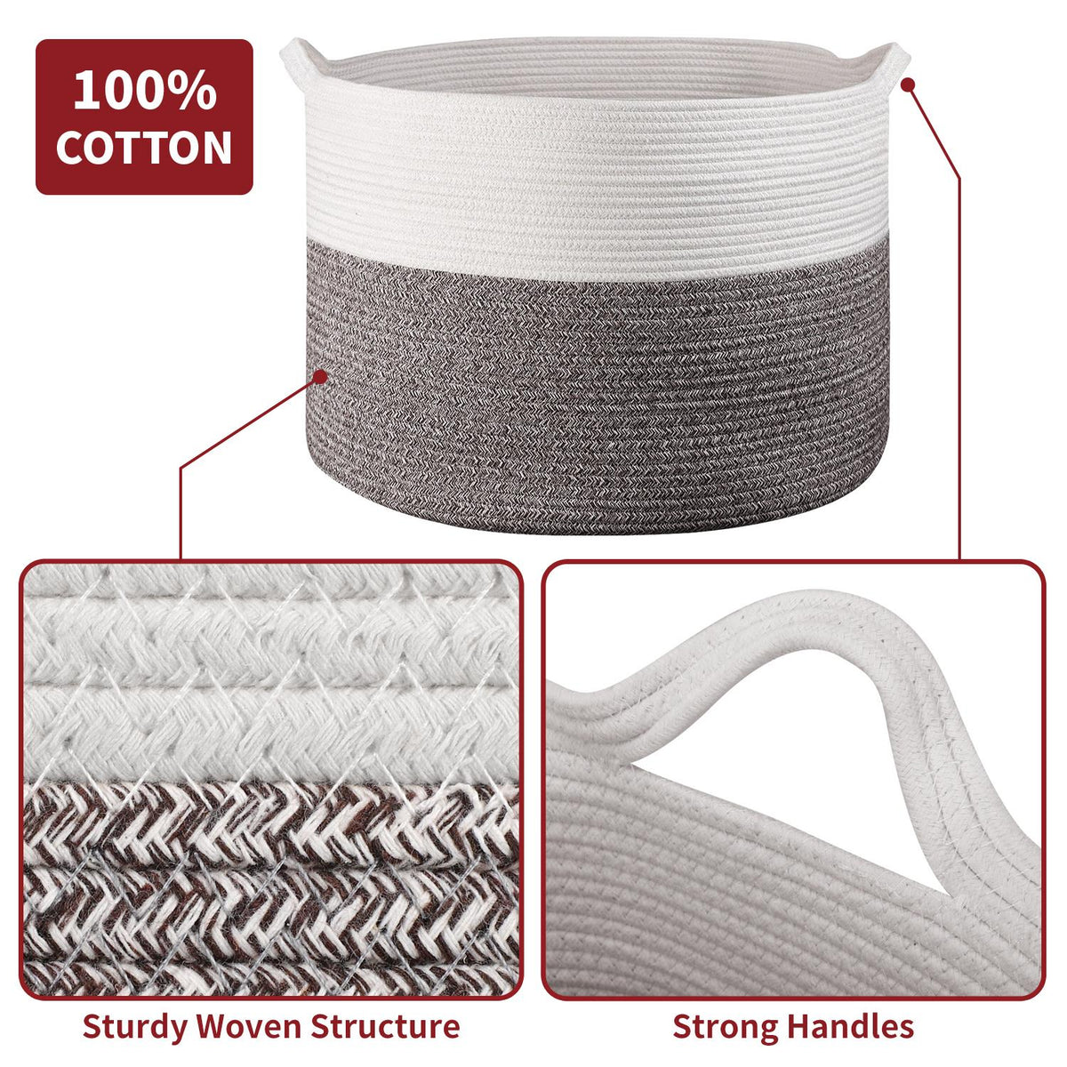 VINSANI Hand-Woven Cotton Rope Laundry Basket, 56 x 35.5cm – Foldable Storage Basket, White & Natural