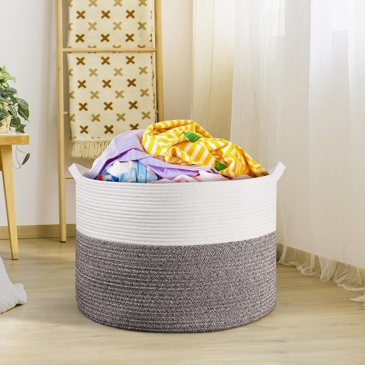 VINSANI Hand-Woven Cotton Rope Laundry Basket, 56 x 35.5cm – Foldable Storage Basket, White & Natural