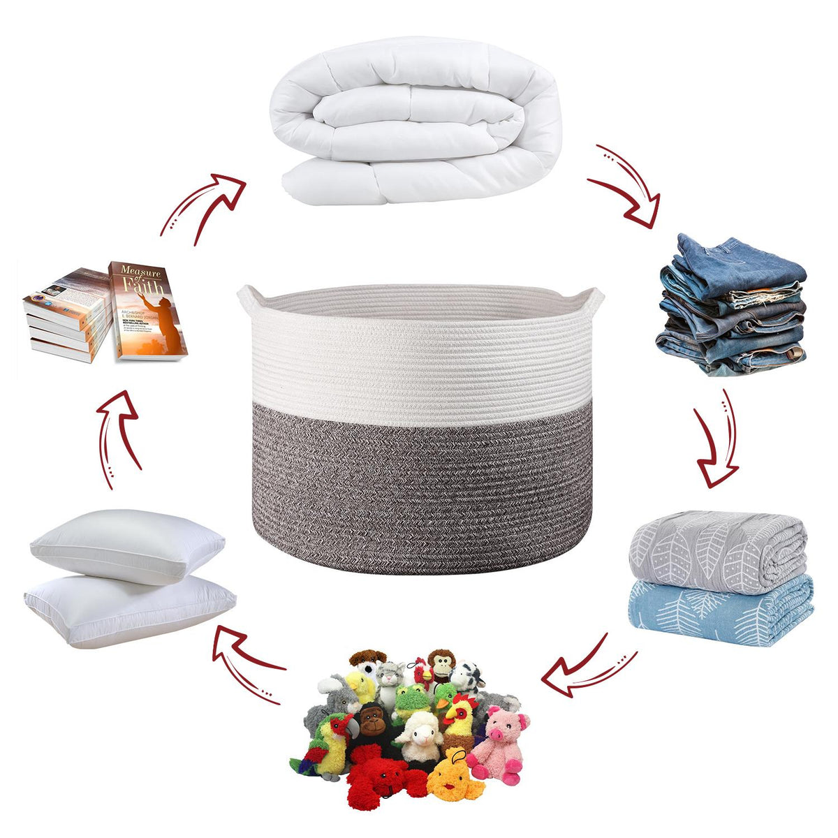 VINSANI Hand-Woven Cotton Rope Laundry Basket, 56 x 35.5cm – Foldable Storage Basket, White & Natural
