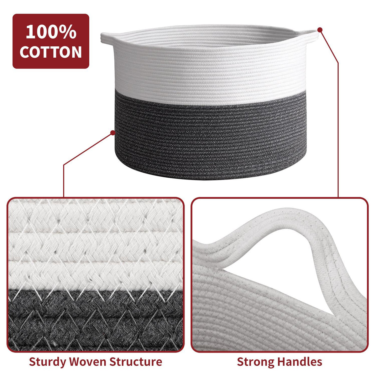 Vinsani Hand-Woven Cotton Rope Laundry Basket, Foldable with Carry Handles – Storage Hamper, White & Grey
