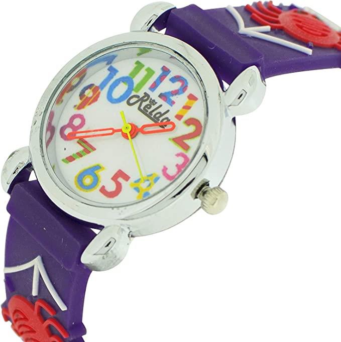 Relda Children's Analogue Watch with Spiders & Web Dial, Purple Silicone Strap – Quartz Kids Watch