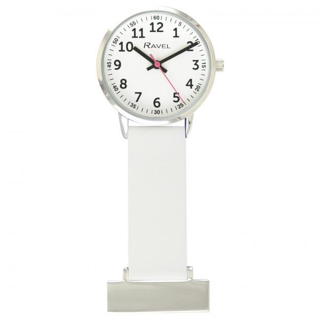 Ravel Nurses Fob Watch – White Silicone, 30mm Polished Silver Tone Case