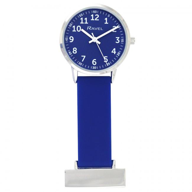 Ravel Silicone Nurses Fob Watch with 30mm Silver Tone Case & Quartz Movement – Hygienic Clip-On, Blue
