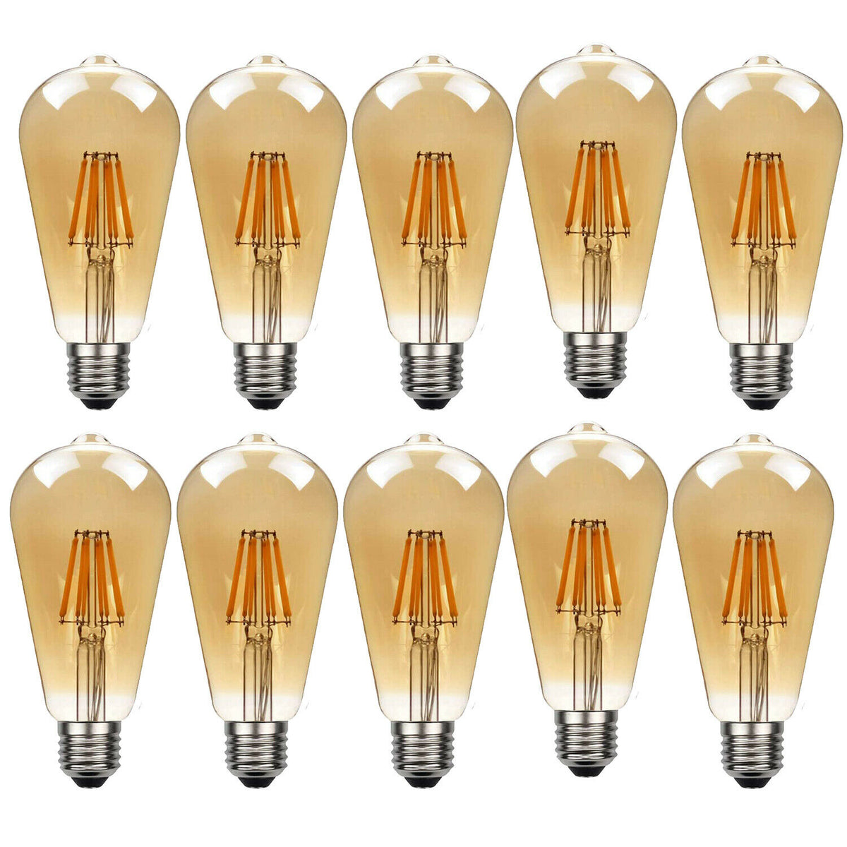 Ledsone 10 Pack E27 ST64 Vintage LED Edison Bulbs, 8W Dimmable Warm White 2700K – Amber Glass Filament