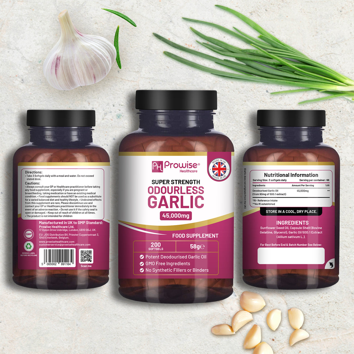 Prowise Premium Odourless Garlic Capsules – High Strength 45,000mg, 200 Softgels, High-Potency Garlic Oil